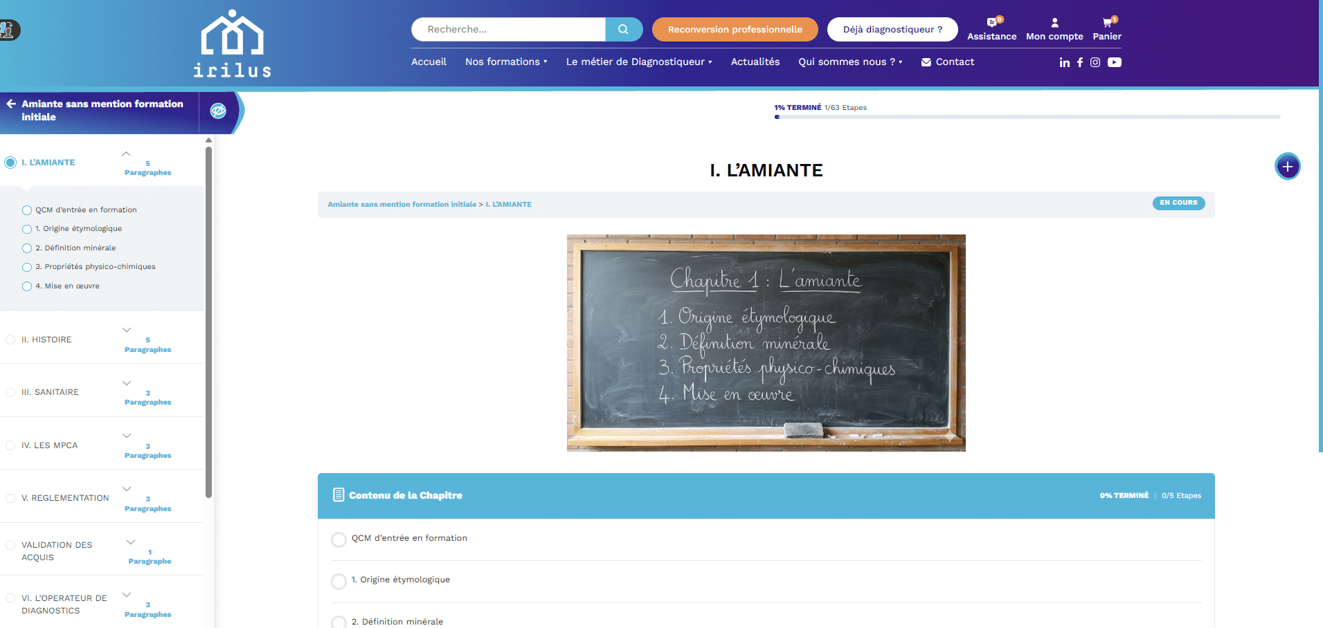 Page de cours de la formation e-learning Irilus avec menu des chapitres et barre de progression