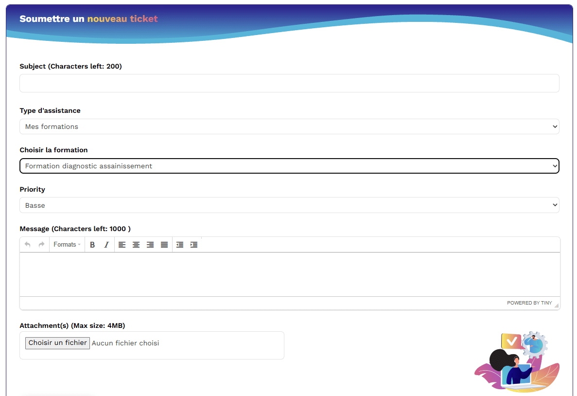 Formulaire d'assistance de la plateforme e-learning Irilus Formation